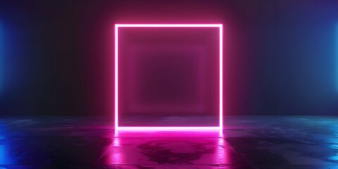 Neon square picture frame on black background with blue and pink lights. Concept Neon Square Frame, Black Background, Blue Lights, Pink Lights