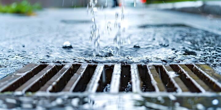 Rainwater flowing into city storm drain from downpipe in urban setting. Concept Urban Storm Drains, Rainwater Runoff, Drainage Systems, Water Pollution, Sustainable City Planning