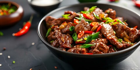 Fototapeta premium Vietnamese Bo Luc Lac stirfried beef with garlic onions and soy sauce. Concept Vietnamese cuisine, Bo Luc Lac, Stir-fried beef, Garlic, Onions, Soy sauce