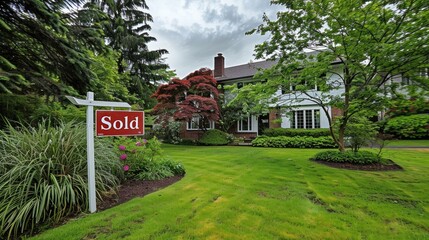 Home sweet sold: A cozy suburban home with a "Sold" sign prominently displayed in the lush, green front yard, indicating a completed real estate transaction