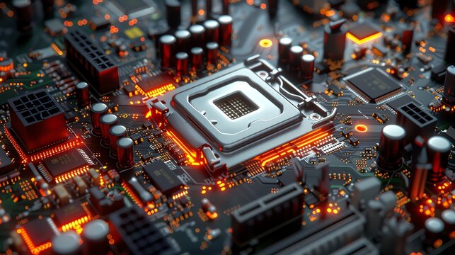 Close-up of an illuminated computer motherboard showcasing the intricate design and components essential for modern technology.
