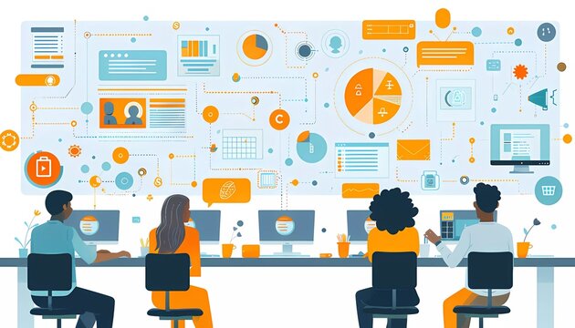 Data Privacy Training and Awareness, visual narrative of employees attending data privacy training sessions with icons of education materials, 