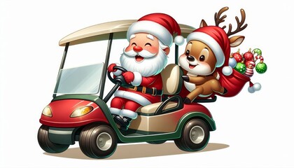 Santa Claus and Reindeer in a Christmas Golf Cart - Santa Claus and a reindeer are riding in a red golf cart filled with Christmas ornaments, on a white background.