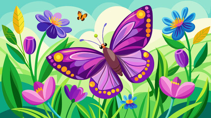 Landscape of purple butterfly on spring flowers and green grass vector illustration