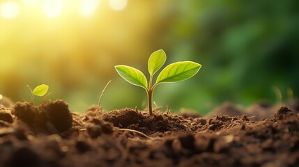 The seedling are growing from the rich soil to the morning sunlight that is shining, ecology concept. wide panoramic banner.