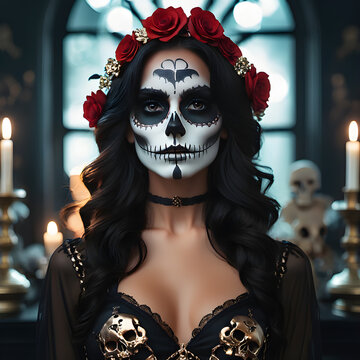 Una encantadora chica, disfrazada como una elegante catrina mexicana
