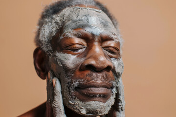 An elderly African American man enjoying a clay face mask, with a calm and relaxed expression