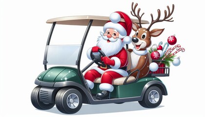 Santa Claus and Reindeer Riding in a Golf Cart - Santa Claus drives a green golf cart with a reindeer passenger, decorated with Christmas ornaments, candy canes, and a pine branch.