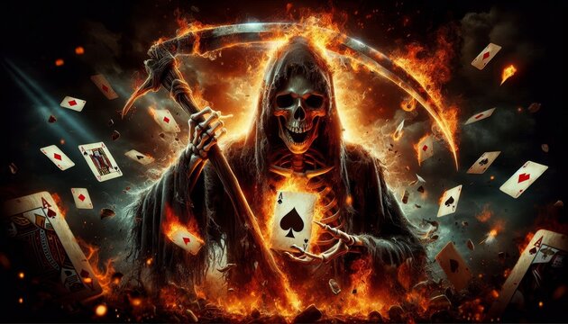 Death in a Blaze of Fire and Cards - A skeletal Grim Reaper, cloaked in flames, wields a scythe engulfed in fire and holds an Ace of Spades amidst a flurry of burning playing cards.