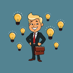 Smiling businessman in a business suit with a briefcase having lots of ideas. Corporate financial marketing illustration. Business investment ideas.