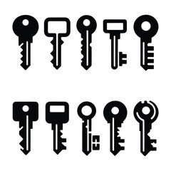 Different modern and antique key silhouettes flat vector illustration isolated on white background