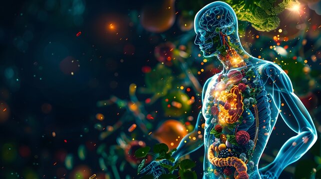  A dynamic illustration of the human body absorbing nutrients from a variety of foods, with glowing pathways demonstrating high bioavailability