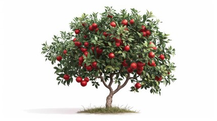 A vibrant depiction of a pomegranate tree with its red fruit and flowers, isolated on a clean white background