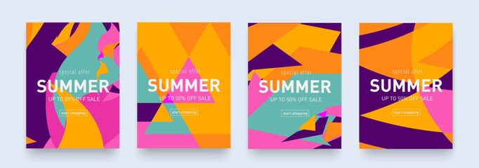 Creative Geometric Poster Set for Summer. Modern Abstract Liquid Design for Advertising, Web, Social Media, Posters, Banners, and Covers. Sale Offer 50%. Vector Illustration.