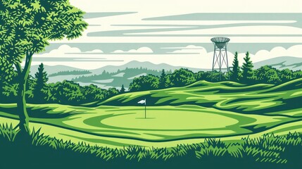 A vibrant depiction of a disc golf course with players throwing discs towards a basket, ideal for a sports banner with space for copy