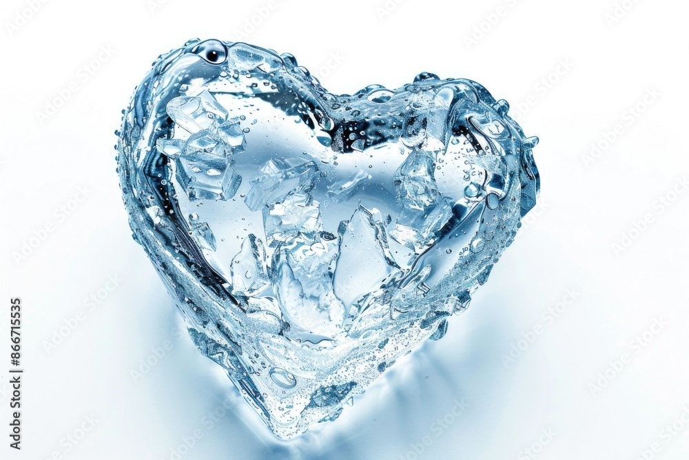 Poster a single ice heart placed on a white background, simple and elegant design