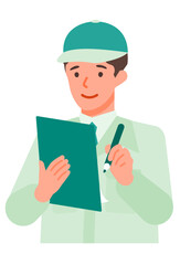 Working man. Concept for Problem Solving. Man cartoon character. People face profiles avatars and icons. Close up image of man writing.