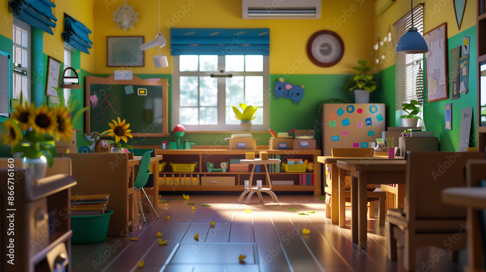 Wall mural A classroom with a clock on the wall and a green board. The room is empty and the desks are arranged in rows