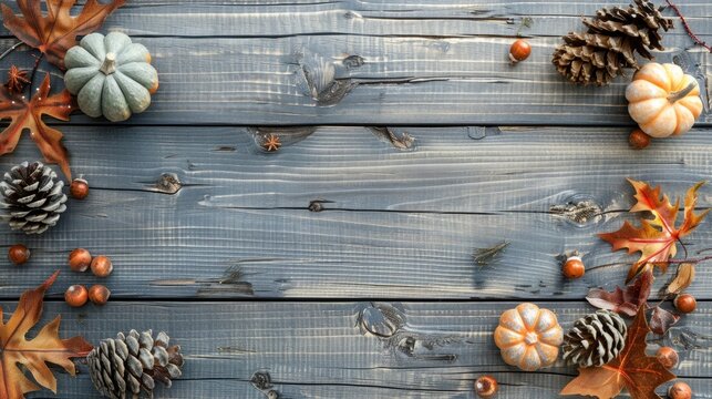 Fall themed gray wooden background with ornaments