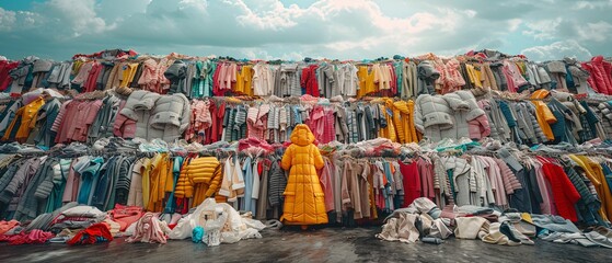 Fototapeta premium Stack of worn garments showing impact of�fast fashion�and�textile recycling.