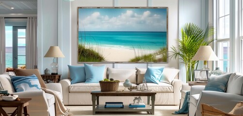 Elegant Turquoise Canvas Frame with Coastal Art in a Coastal Living Room with Ocean Views and Nautical Decor
