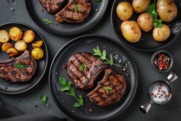 A plate full of meat and potatoes on a wooden table