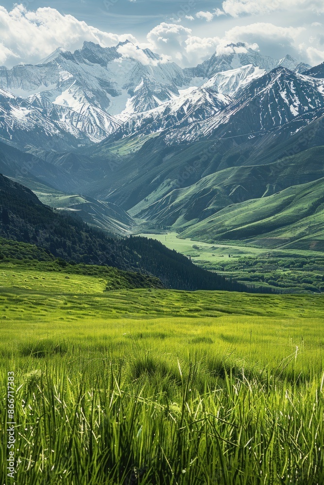 Poster a serene scene of a lush grassy field with distant mountains in the backdrop, suitable for nature-th