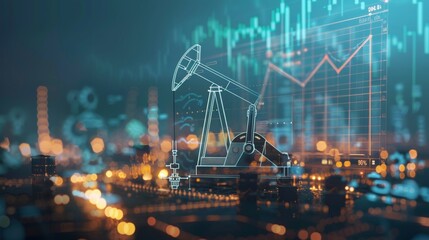 Double exposure image, oil pump lifts in the field and financial charts.