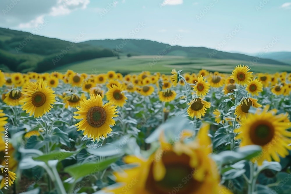 Poster a field of yellow sunflowers with mountains visible in the distance, suitable for use in nature or t
