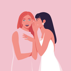 Two young women are gossiping. A young brunette whispers rumors in the ear of a shocked friend. Fashion models at the party. Vector flat illustration