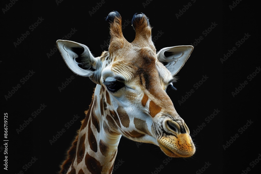 Poster a close-up view of a giraffe's face on a black background