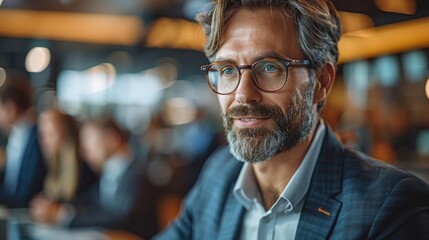 Fototapeta premium happy mid-aged older professional business man in office, wear office attire and glass, thinking of success and leadership