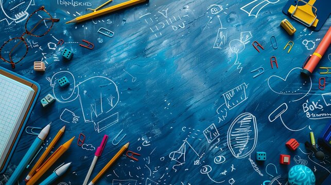 "School Doodles on a Blue Background: Hand-Drawn Design"

