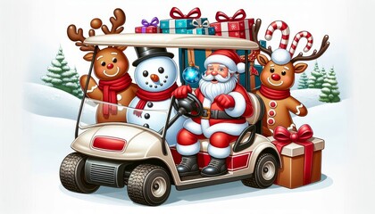 Santa Claus and Friends Delivering Christmas Cheer - Santa Claus, a snowman, and two reindeer in a golf cart, carrying gifts and Christmas joy.