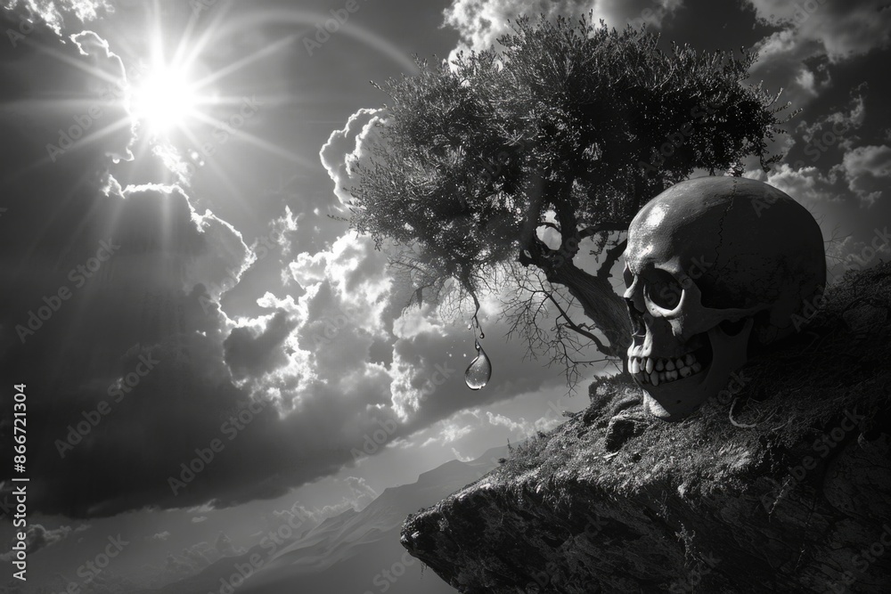 Wall mural A monochrome image of a skull sitting at the base of a tree