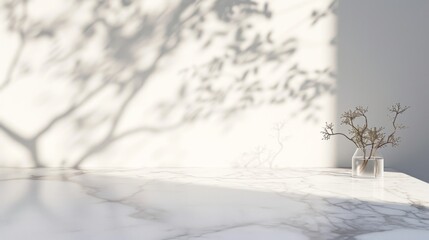 Fototapeta premium Marble table with the shadow of a tree falling on it against a white wall
