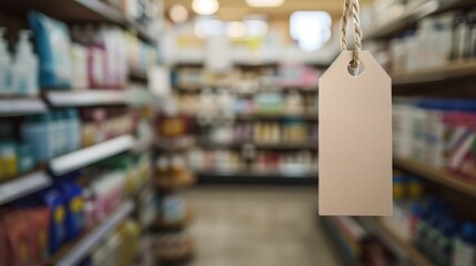 An empty price tag sign in a pharmacy with blurred shelves of medicines in the background