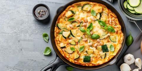 "Vibrant Banner Image Showcasing Spanish Potato Omelette with White Beans and Zucchini". Concept Food Photography, Spanish Cuisine, Vibrant Colors, Savory Dishes, Fresh Ingredients