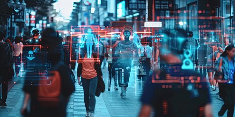 a surveillance state controlled by artificial intelligence, people on the street all detected by AI facial recogniation