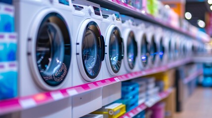 A row of washing machines in the appliance section of a retail store with a blurred background