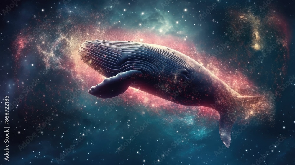 Wall mural surreal art design of a whale floating in space with a cosmic background and starry sky. digital art