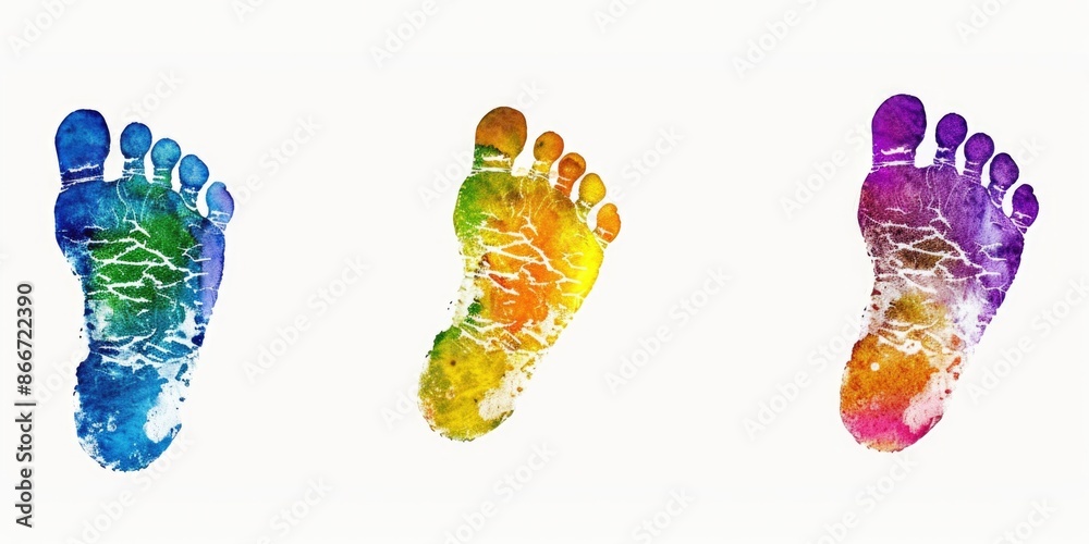 Poster a creative illustration of three footprints painted in different colors, suitable for use as a desig