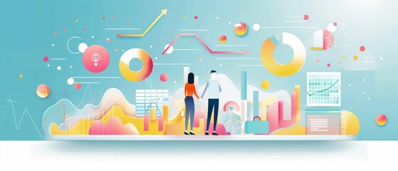 Fototapeta premium Business professionals analyzing data through abstract infographic with charts and graphs, representing financial analysis and strategic planning.