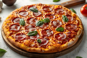 Delicious Pepperoni Pizza with Fresh Basil Leaves on Wooden Board - Perfect for Restaurant Menu or Culinary Blogs