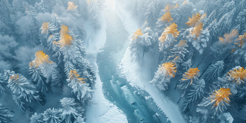 A drone eye view looking down on a river winding its way through a thick snow covered forest