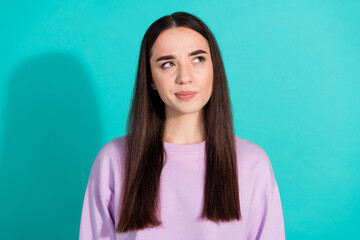 Photo portrait of lovely young lady look skeptical empty space dressed stylish violet garment...