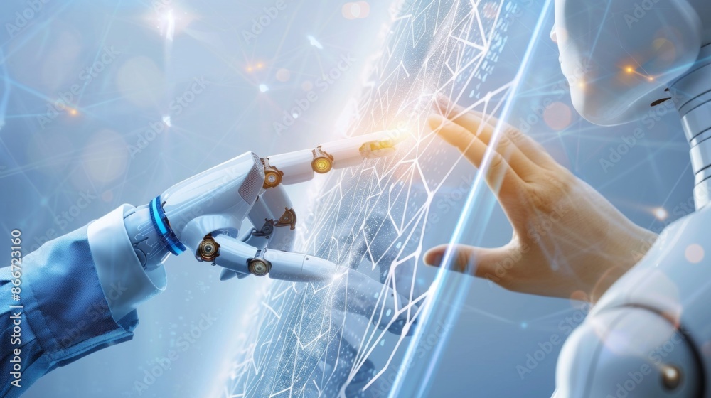 Poster a robotic hand extends towards a human hand on the right side of the image, separated by a holograph