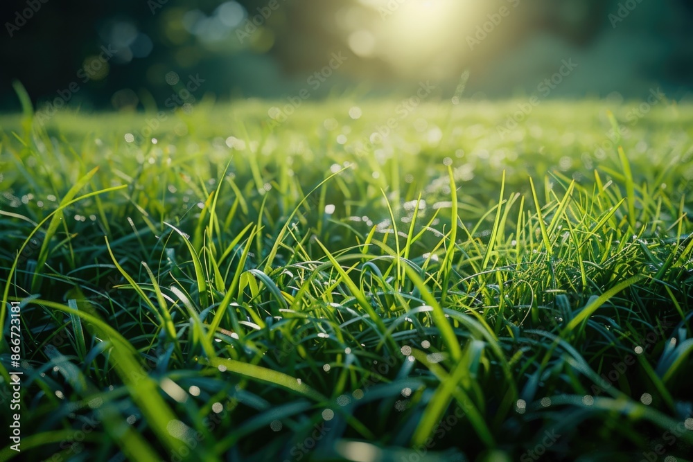 Poster close-up of a field of grass with water droplets glistening on the blades, ideal for use in illustra