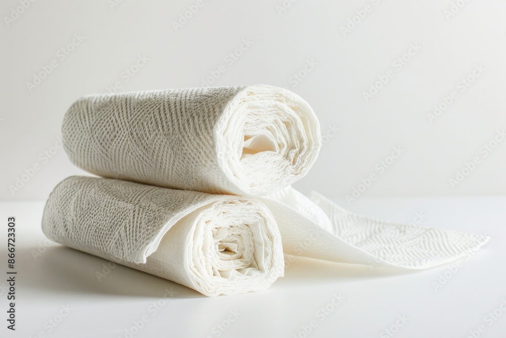 Poster Stacked fabric rolls on a surface, potential prop for interior design or textile-related projects