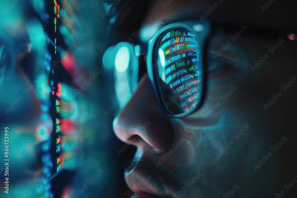Poster a person wearing glasses sitting in front of a computer screen, possibly working or browsing